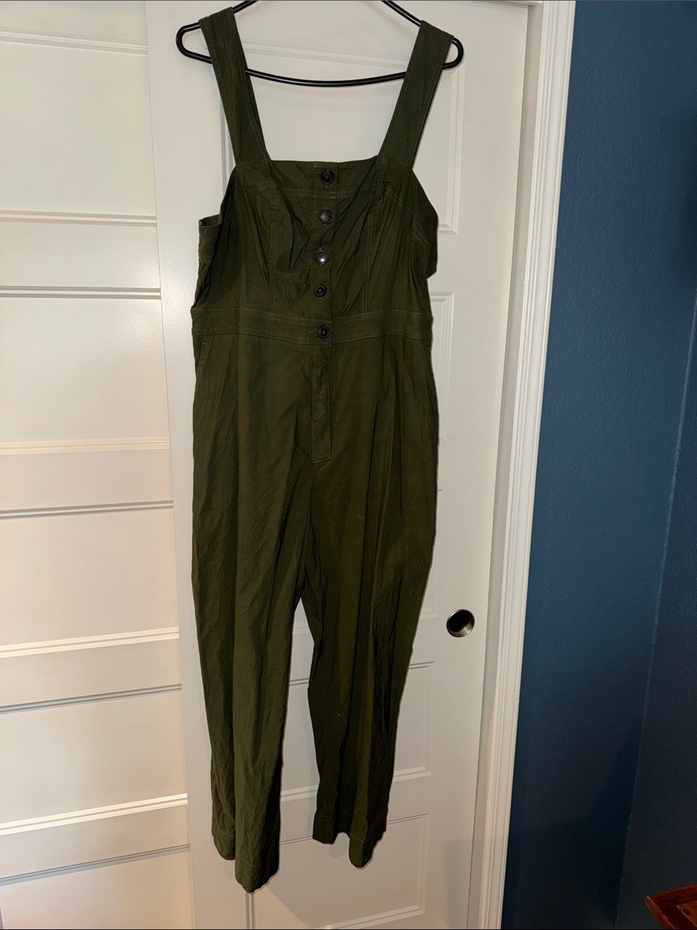 Maeve Olive Green Portside Button-Up Wide-Strap Jumpsuit-by Anthropologie